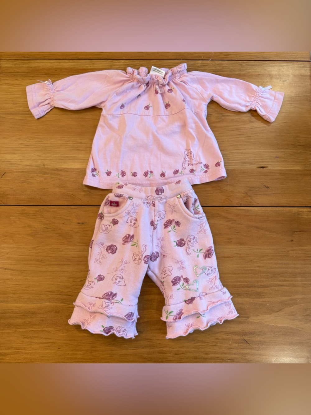 Vintage Disney Pink Princess Floral Two-Piece Baby Outfit Aurora Cotton Frills